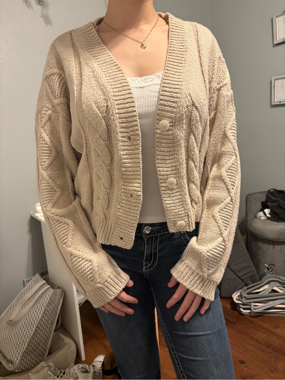 Cozy Cable Knit Button-Front Sweater Cardigan - Cream